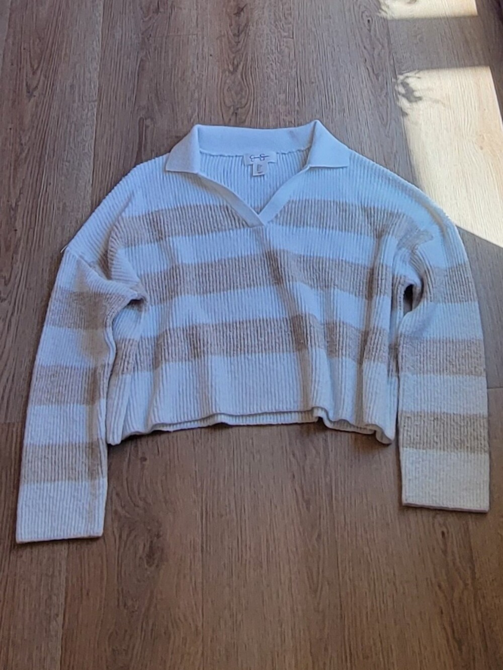 Jessica Simpson - Small V-neck Collared Polo White & Cream Tan Striped Sweater